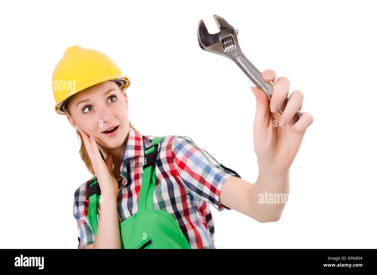 Person Using Wrench Constructon worker female with wrench isolated on white Stock Photo - Alamy