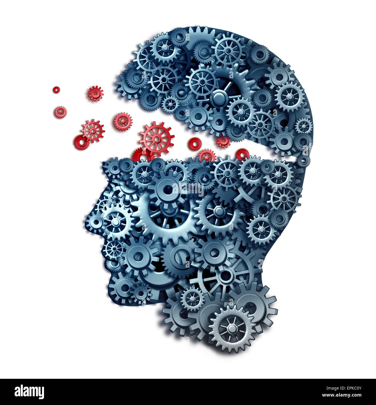 Business teacher and mentorship concept as a learn and lead symbol for career skill building from a corporate trainer as a human head made of gears and cogs on a white background. Stock Photo
