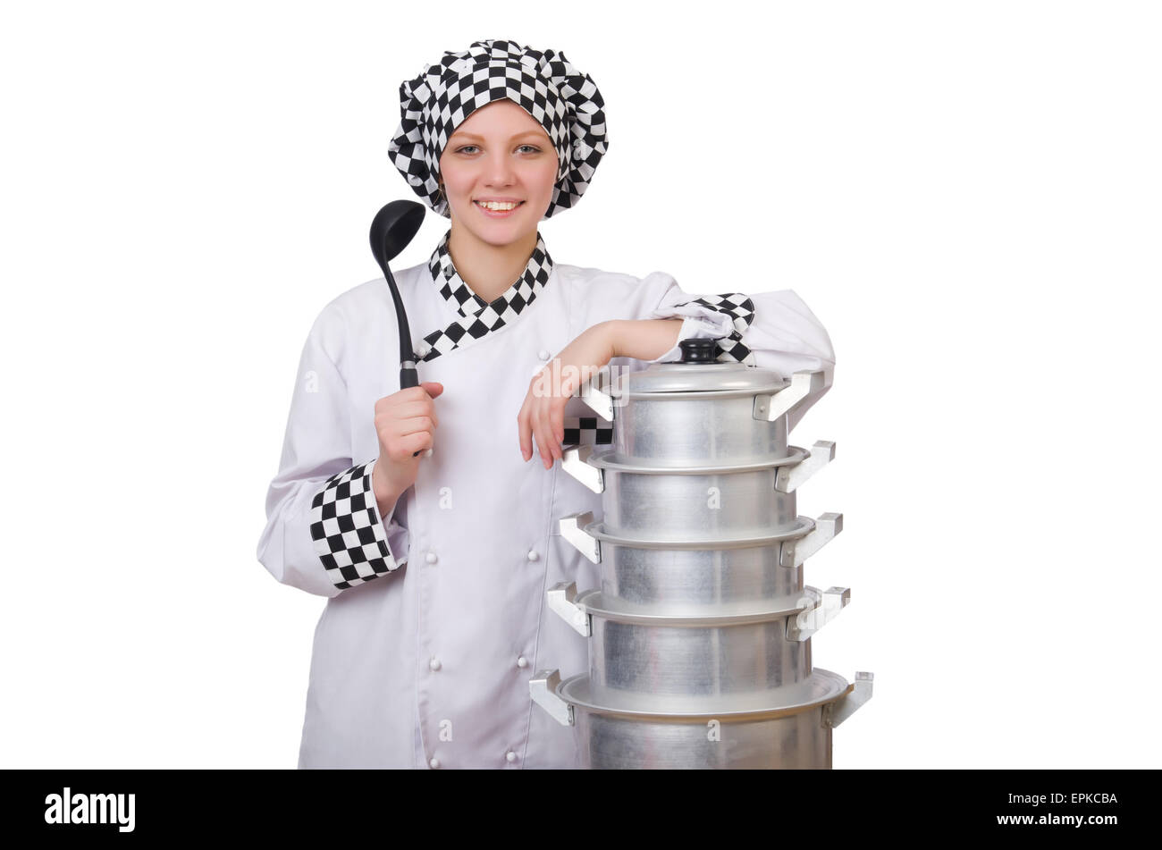 Cook with stack of pots on white Stock Photo - Alamy