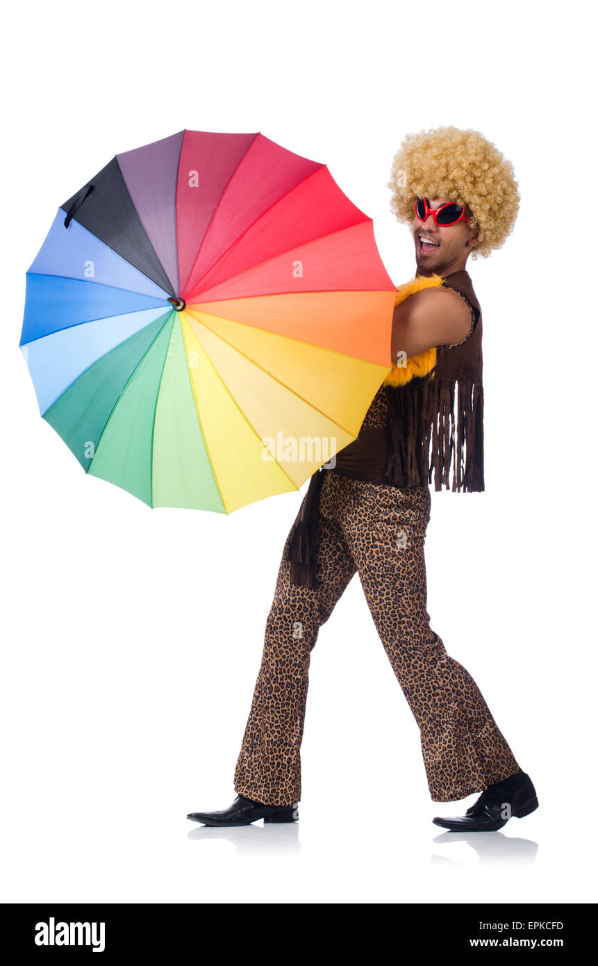 Man with umbrella isolated on white Stock Photo - Alamy