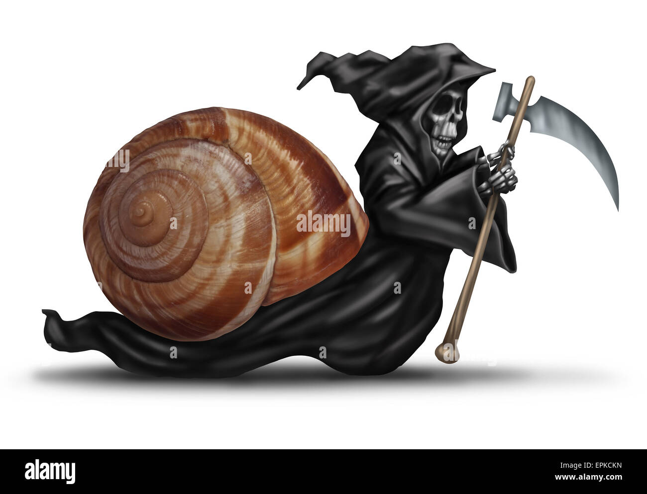 Slow aging health care concept as a snail shell with a grim reaper character moving slowly as a health care metaphor for delaying death and living a healthy longer life. Stock Photo