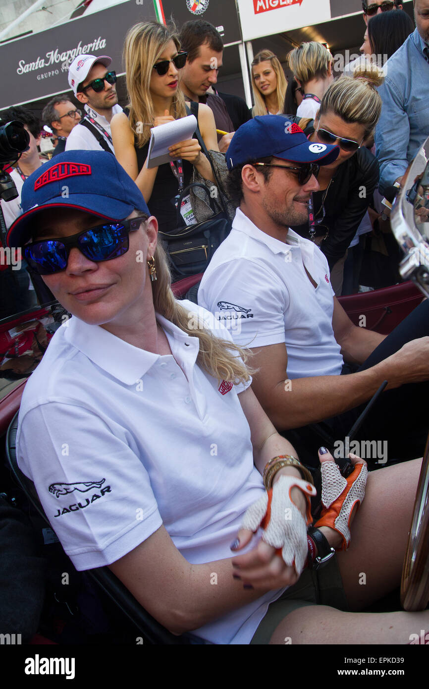 Models Jodie KKidd and David Gandy in Piazza Vittoria for the start of the classic Italian road race the Mille Miglia from Brescia to Rome and back again covering 1000 miles. 14.05.2015 Stock Photo
