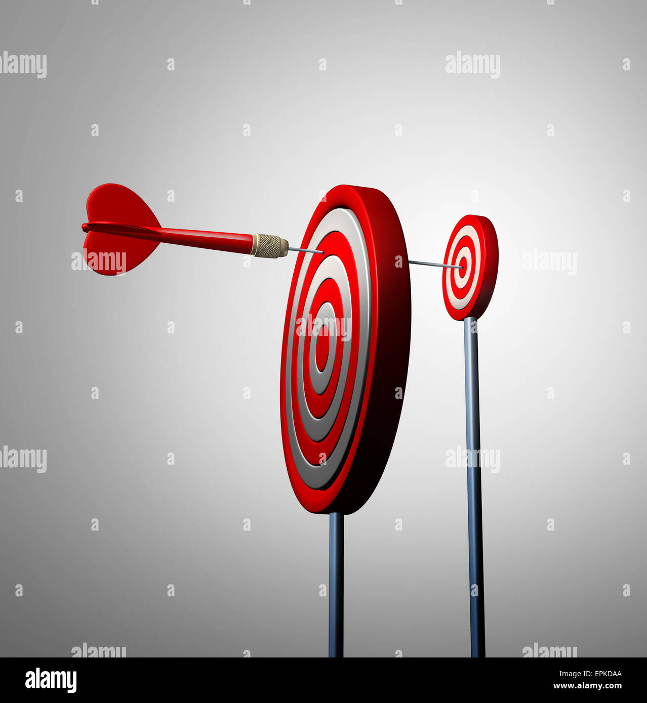 Find an opportunity out of view and hidden opportunities business concept as a red dart reaching over to the next target bulls eye to achieve success as a financial metaphor for long strategy and winning goal vision. Stock Photo