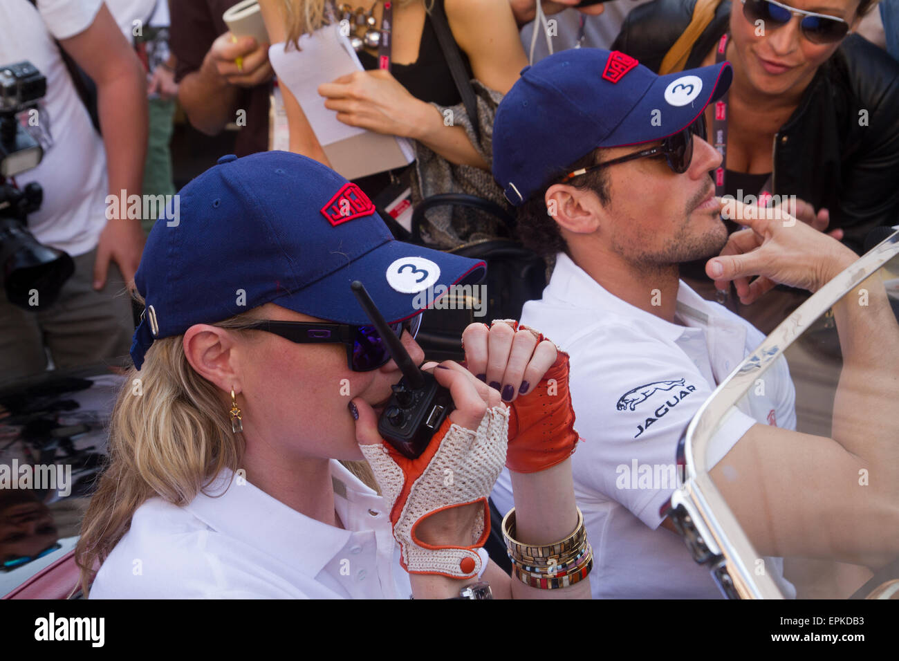Models Jodie Kidd and David Gandy in Piazza Vittoria for the start of the classic Italian road race the Mille Miglia from Brescia to Rome and back again covering 1000 miles. 14.05.2015 Stock Photo