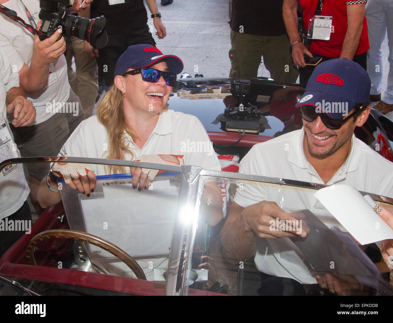 Models Jodie Kidd and David gandy in Piazza Vittoria for the start of the classic Italian road race the Mille Miglia from Brescia to Rome and back again covering 1000 miles. 14.05.2015 Stock Photo