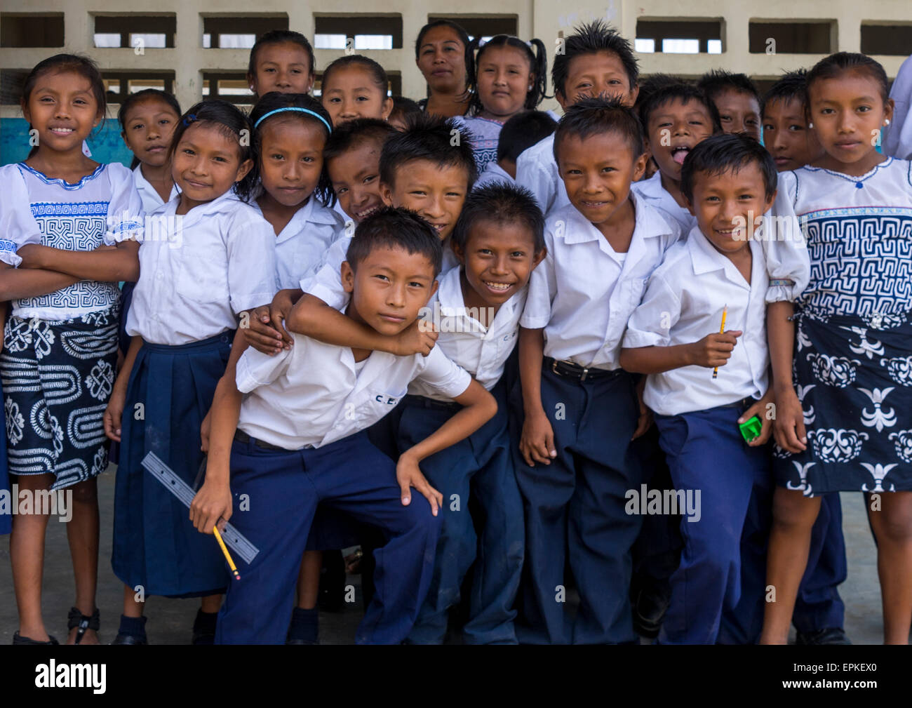 Panama, San Blas Islands, Mamitupu, Kuna Tribe Children In A School Stock Photo