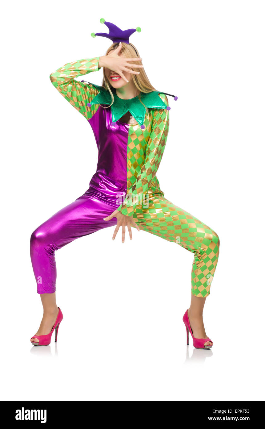 Woman wearing clown costume isolated on white Stock Photo - Alamy
