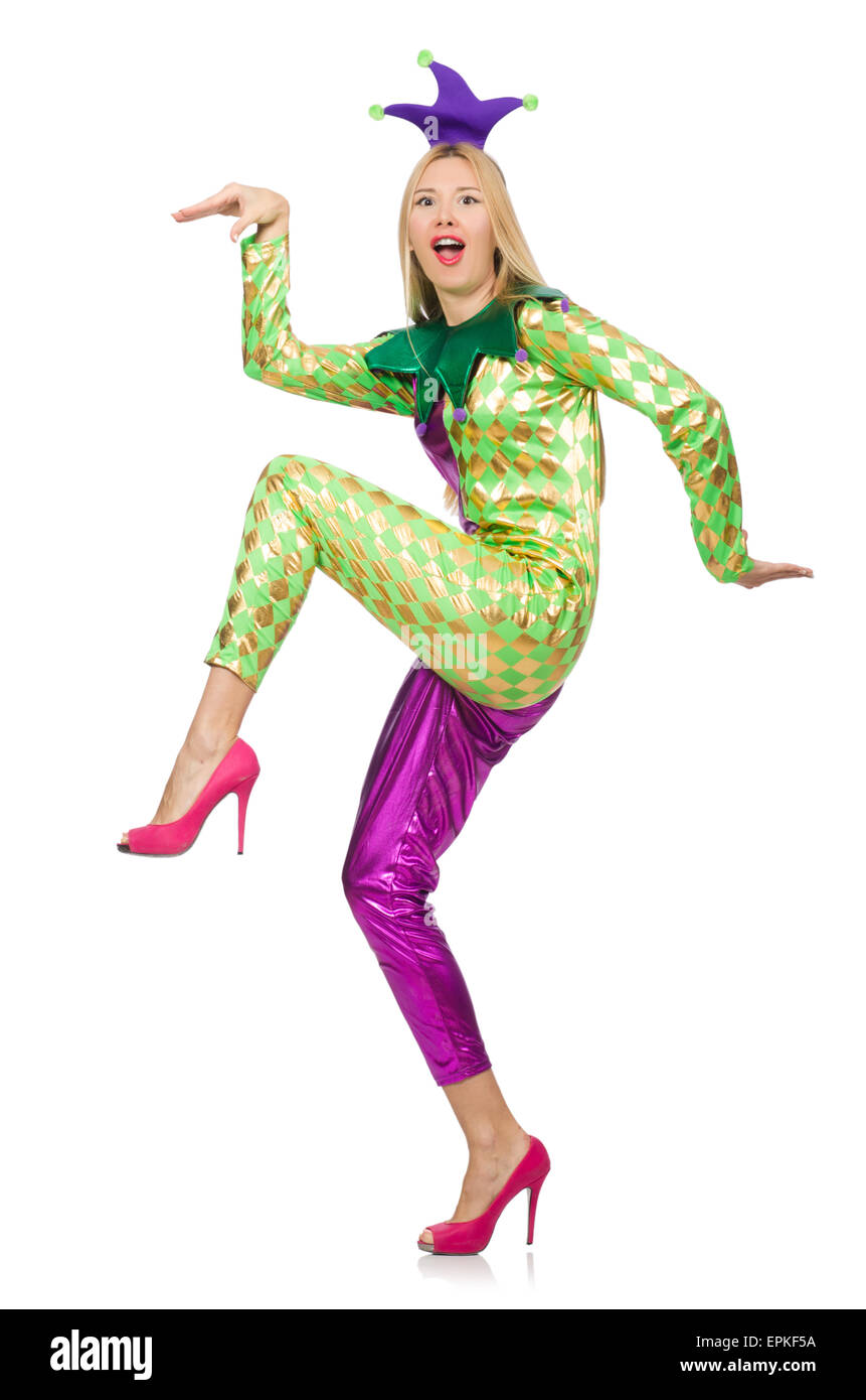 Woman wearing clown costume isolated on white Stock Photo - Alamy