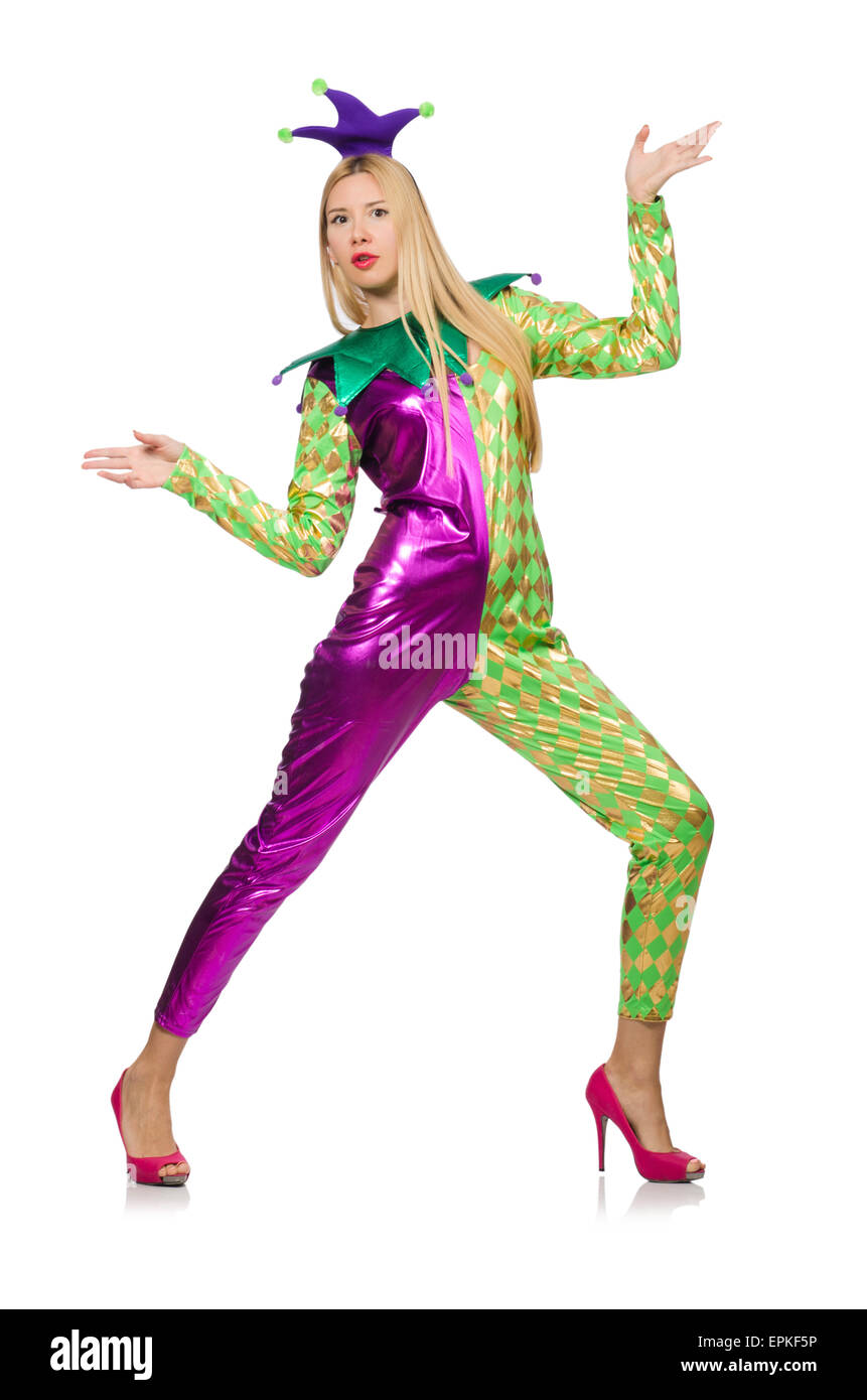 Woman wearing clown costume isolated on white Stock Photo - Alamy