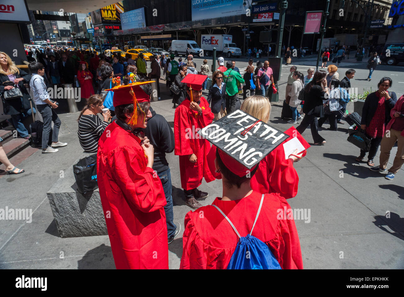 Very recent graduates and their friends and families outside of Madison Square Garden in New York after the commencement exercises of The School of Visual Arts on Thursday, May 14, 2015.  (© Richard B. Levine) Stock Photo