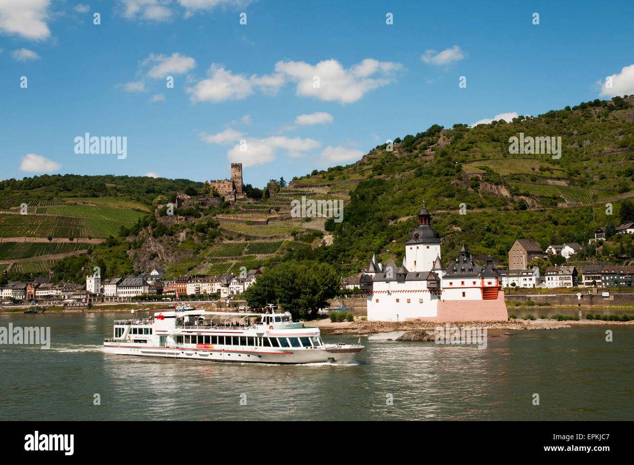 Pfalzgrafenstein on an island in Rhine and castle Kaub Rhineland-Palatinate, Germany, Europe Stock Photo