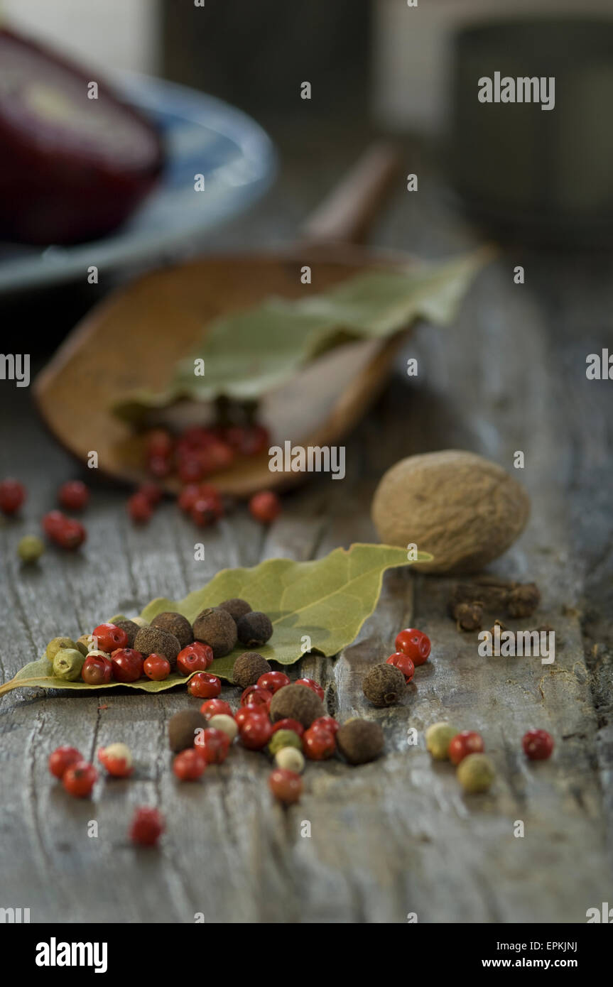 Different spices on wood Stock Photo