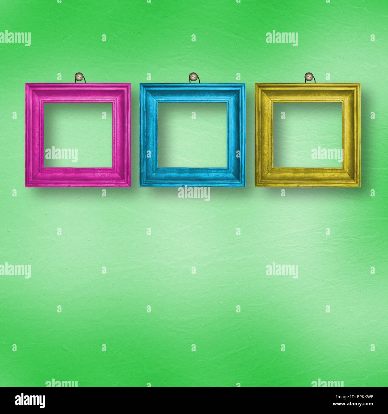 Multicolored bright frames hanging on the abstract pastel background ...