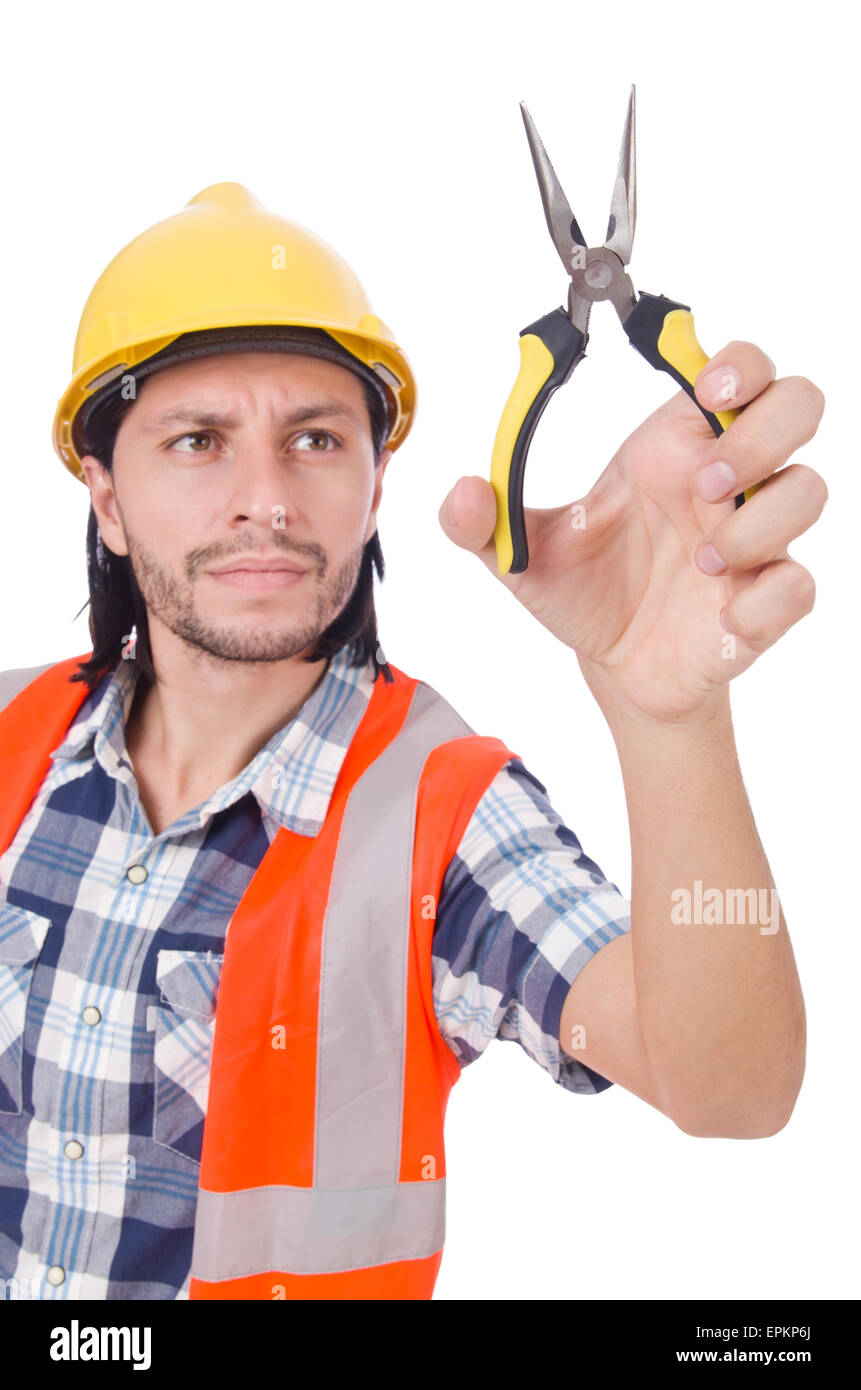 Young construction worker with nippers isolated on white Stock Photo