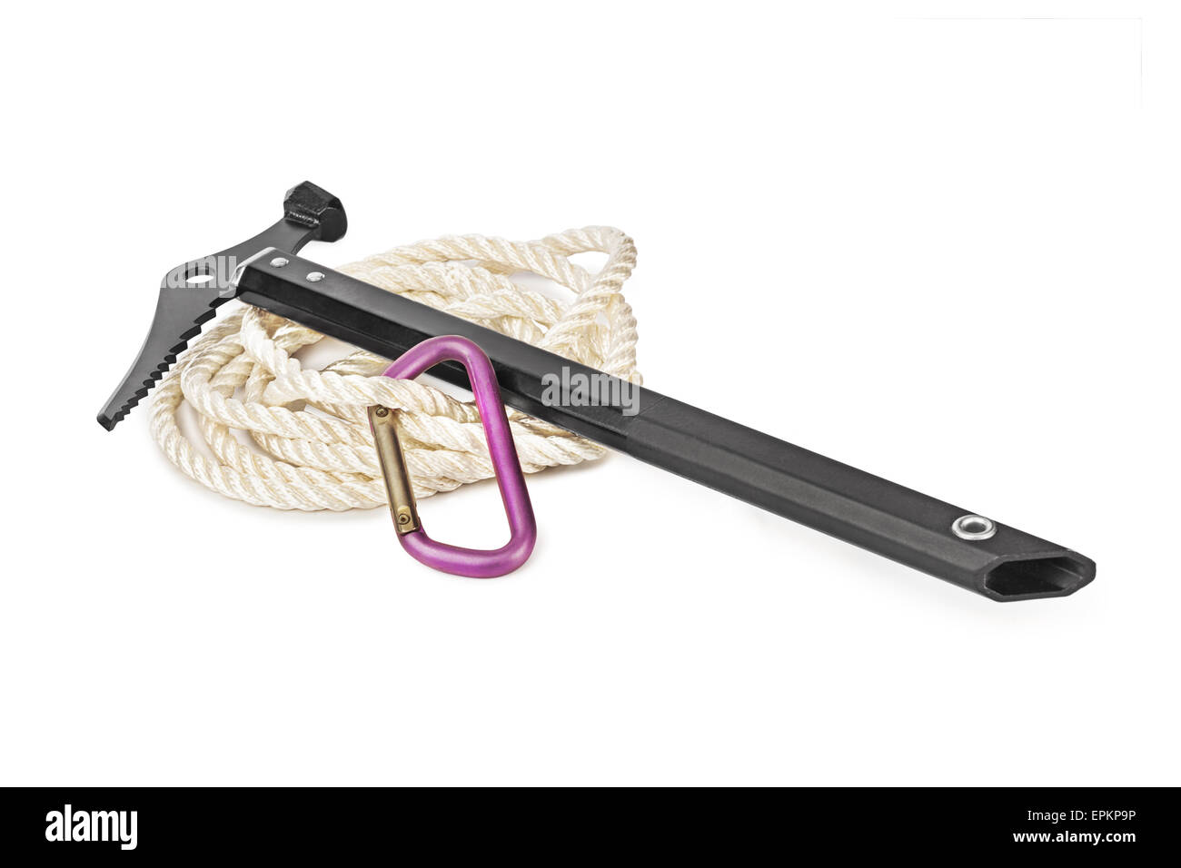 Ice axe, carbine and rope Stock Photo Alamy