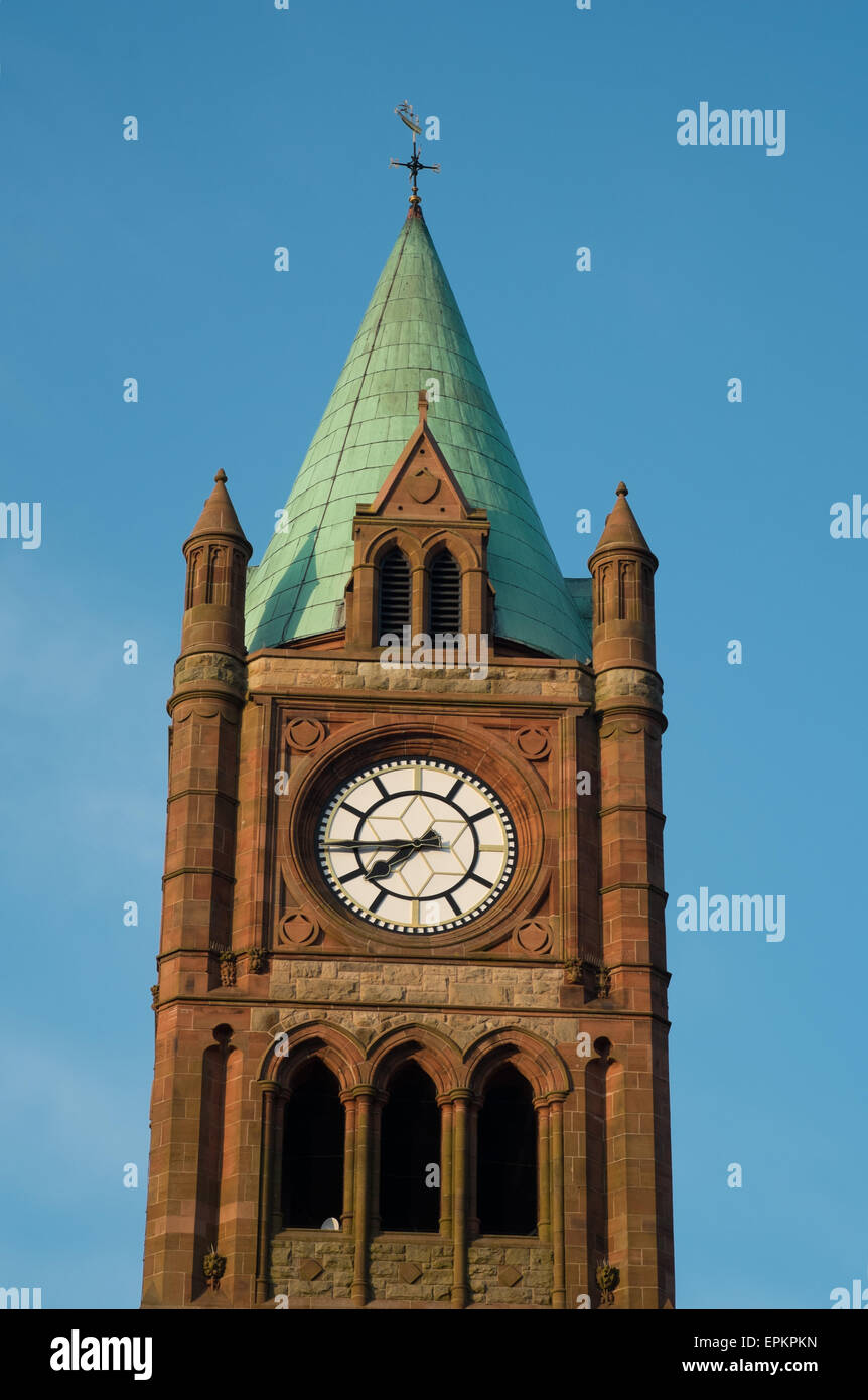 Close up of Guildhall clock tower Derry Londonderry Northern Ireland