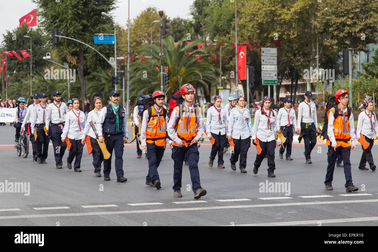 ISTANBUL, TURKEY - OCTOBER 29, 2014: Scouts march in Vatan Avenue during 29 October Republic Day celebration of Turkey Stock Photo
