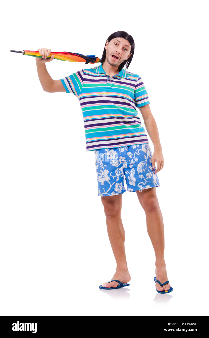 Positive man with colorful umbrella isolated on white Stock Photo - Alamy
