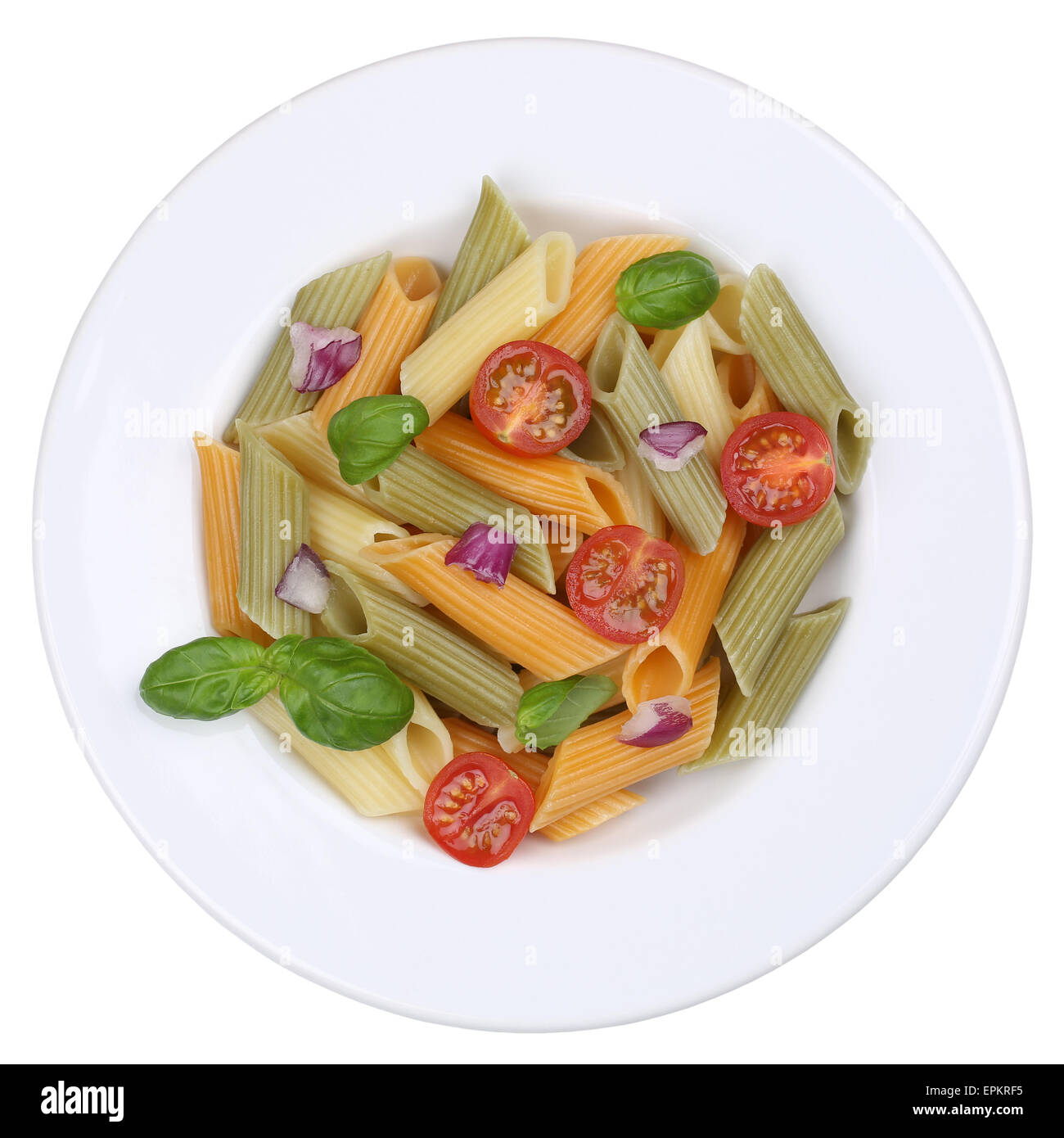 Bunte Penne Rigate Nudeln Pasta Gericht auf Teller Freisteller Stock ...