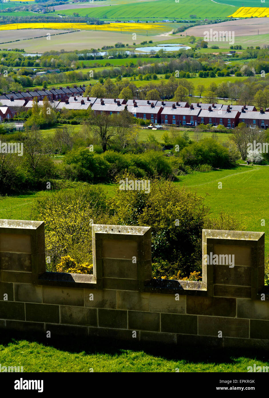 View looking down from Bolsover Castle towards houses in  Bolsover a former mining town in North East Derbyshire England UK Stock Photo