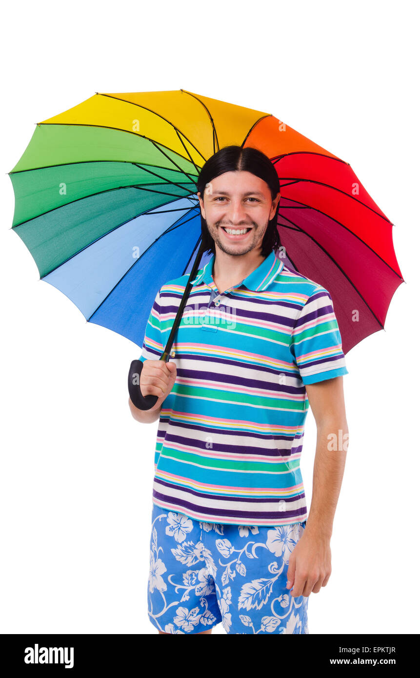 Positive man with colorful umbrella isolated on white Stock Photo - Alamy