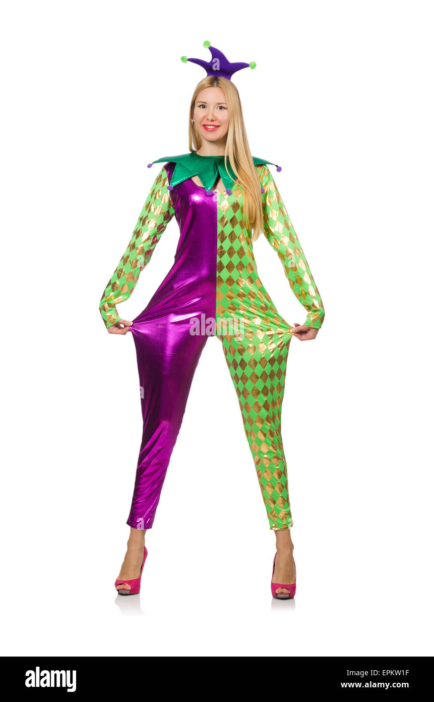 Woman wearing clown costume isolated on white Stock Photo - Alamy