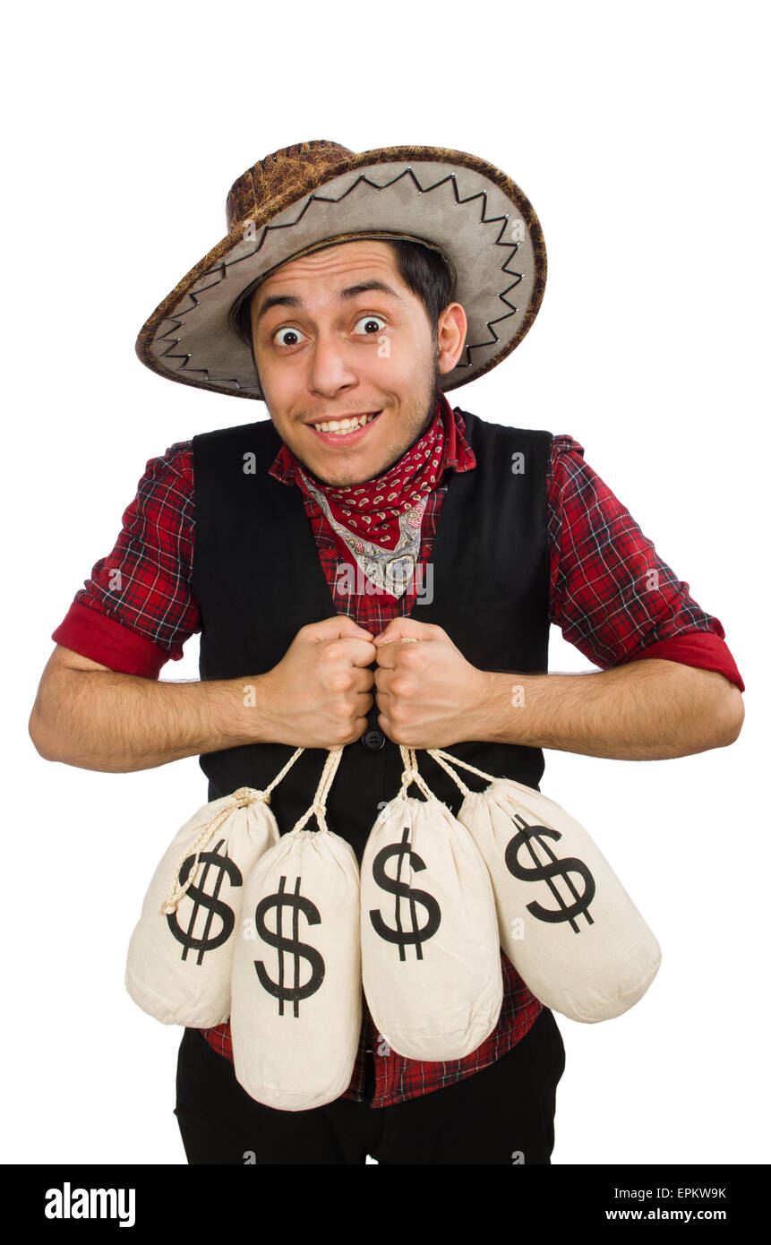 Young cowboy with money bags isolated on white Stock Photo