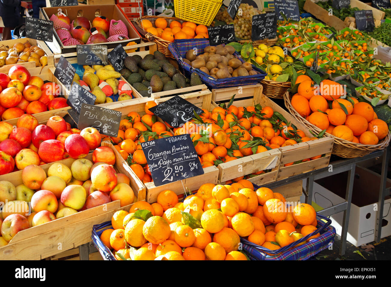 Fresh fruits and vegetables at market stall Stock Photo