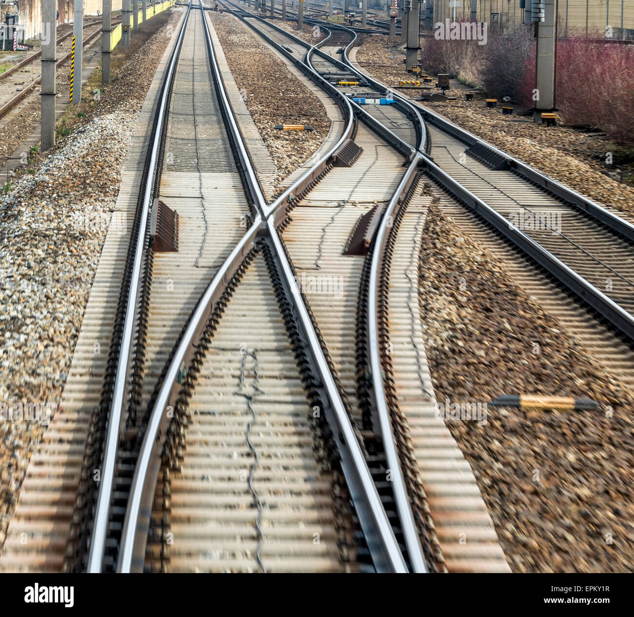 Austria, railway tracks and junctions seen from driving train Stock