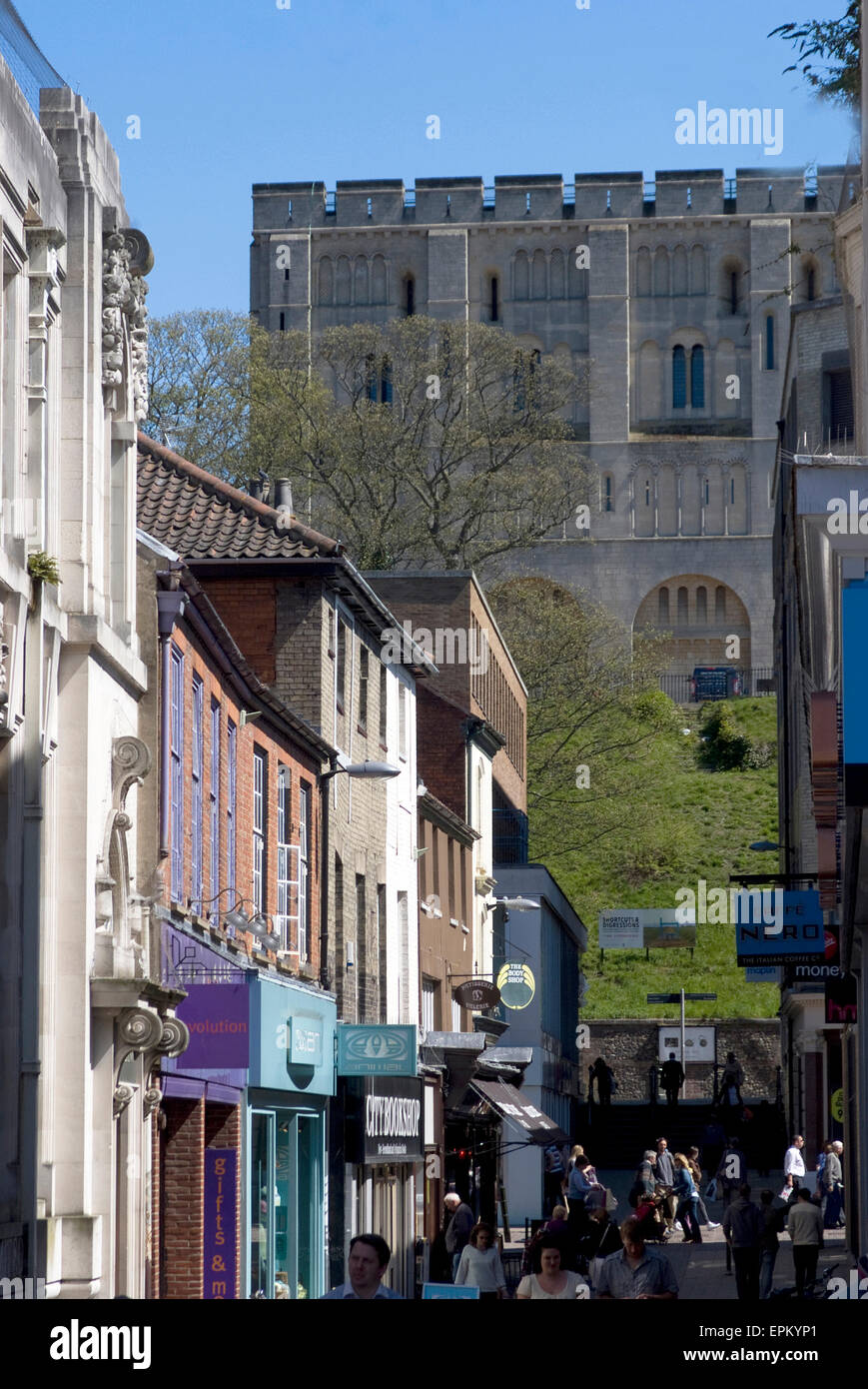 Street view with Norwich Castle in the background, Norwich, Norfolk, England Stock Photo