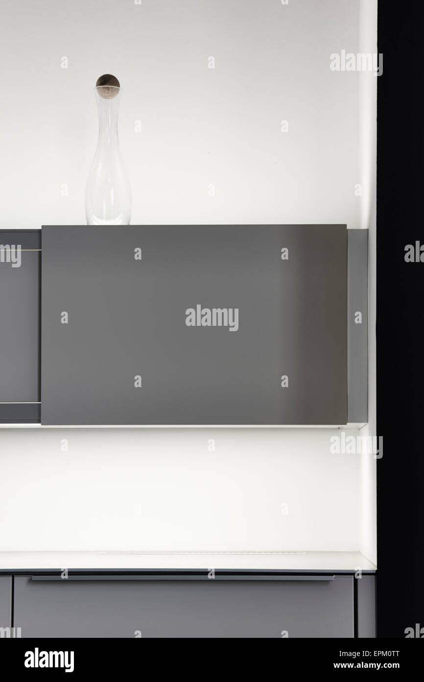 Glass bottle on cupboard with sliding doors in modern kitchen unit, Cat