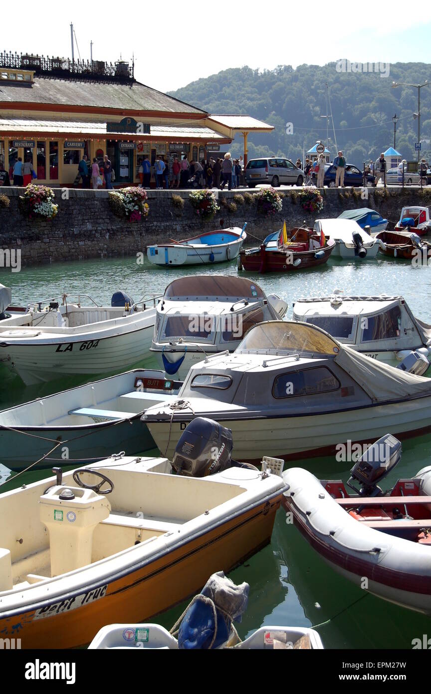 A view of boats in the boat pool at Dartmouth. We look across to The Station Restaurant. Stock Photo