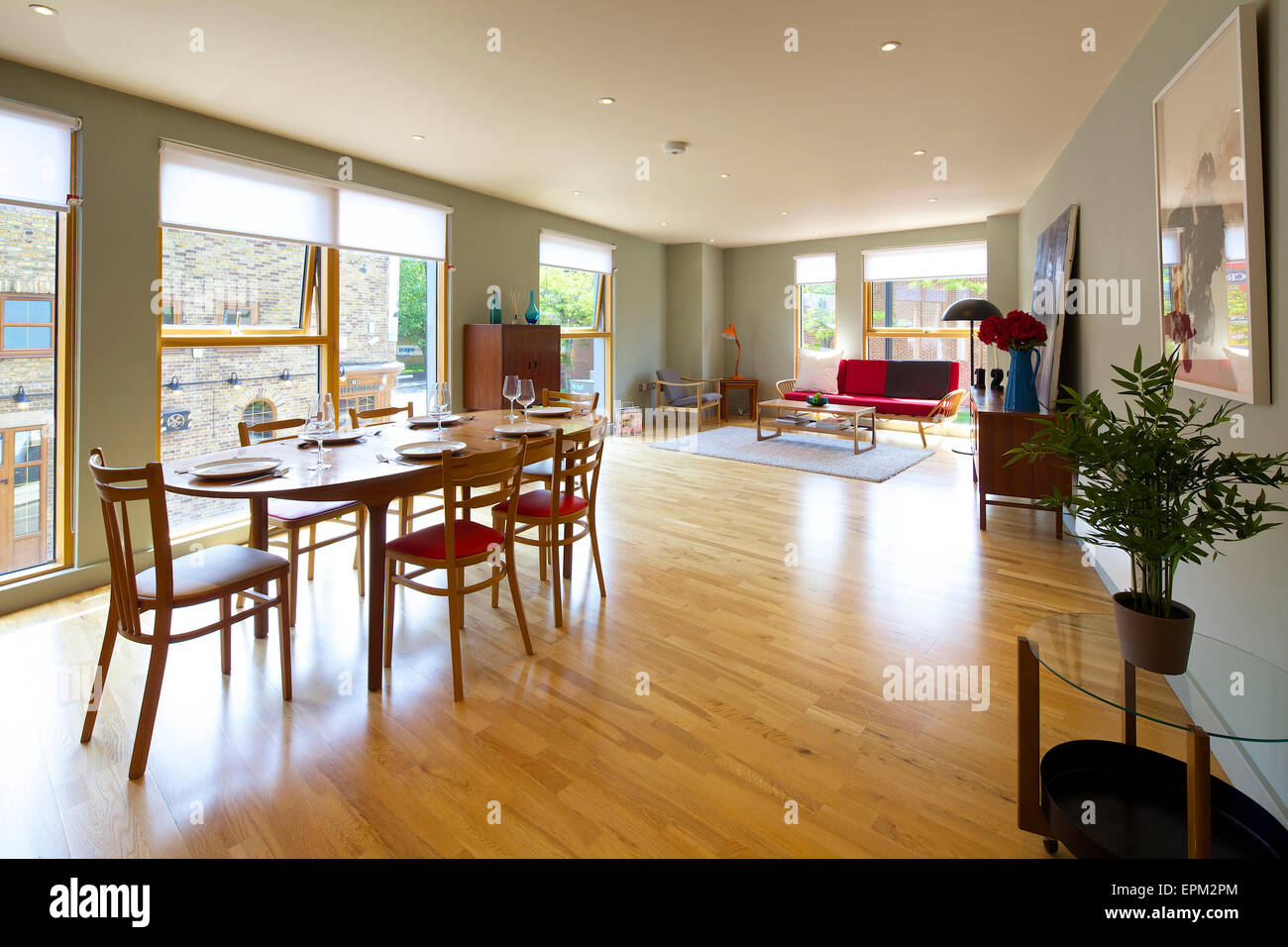 Open plan living and dining room at 419 Wick Lane, London. New apartments built by Development securities Plc opposite the Olympic Stadium in London, UK. Stock Photo