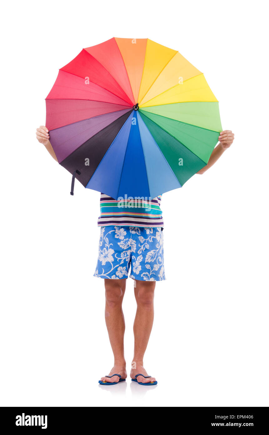 Positive man with colorful umbrella isolated on white Stock Photo - Alamy