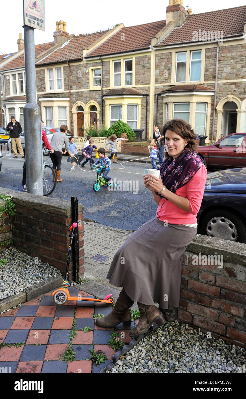 Children safely playing in a closed to traffic street in Bristol as part of the Playing Out project. Stock Photo