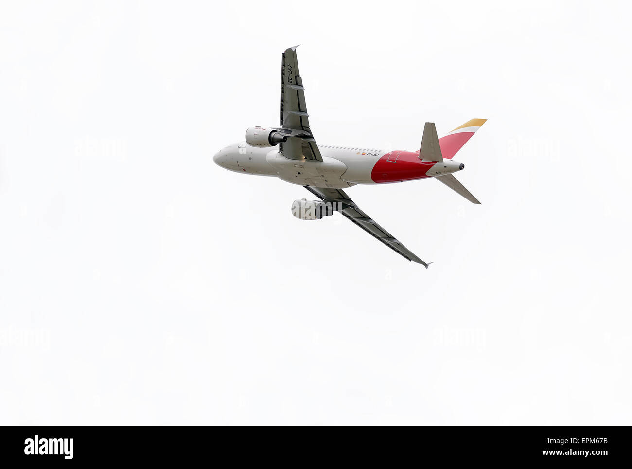 Aircraft -Airbus A319-, of -Iberia- airline, is taking off from Madrid-Barajas -Adolfo Suarez- airport. Stock Photo
