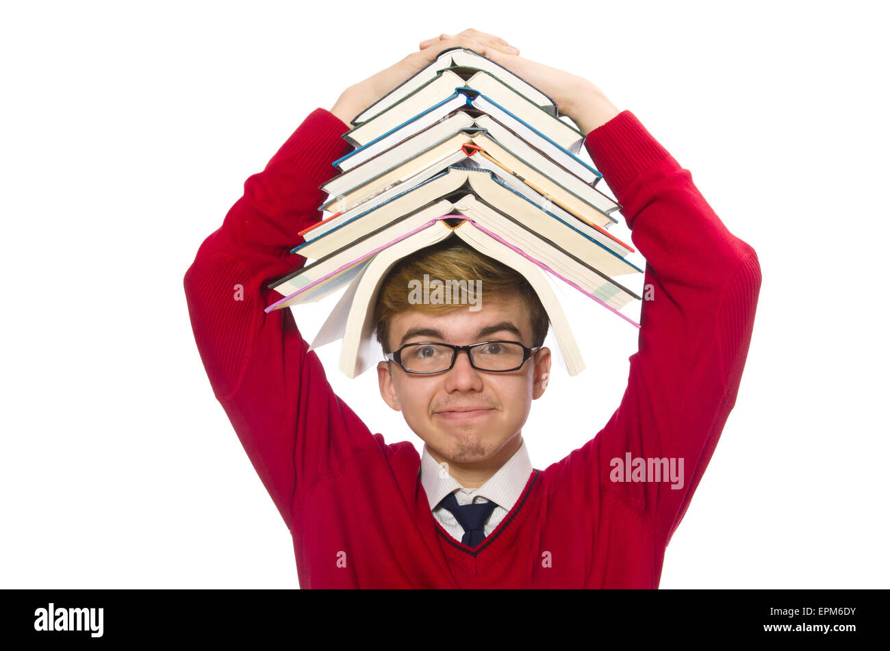 Funny student with books isolated on white Stock Photo - Alamy