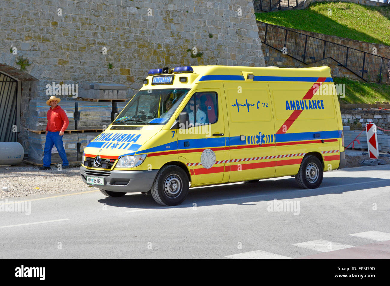 Ambulance at speed on an emergency call in Koper Slovenia Stock Photo