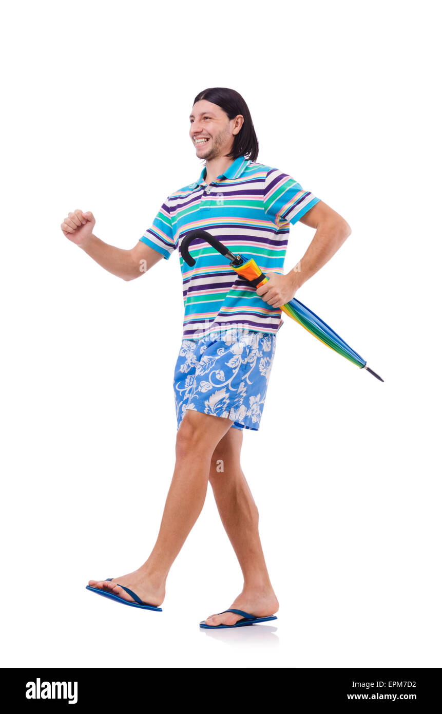 Positive man with colorful umbrella isolated on white Stock Photo - Alamy