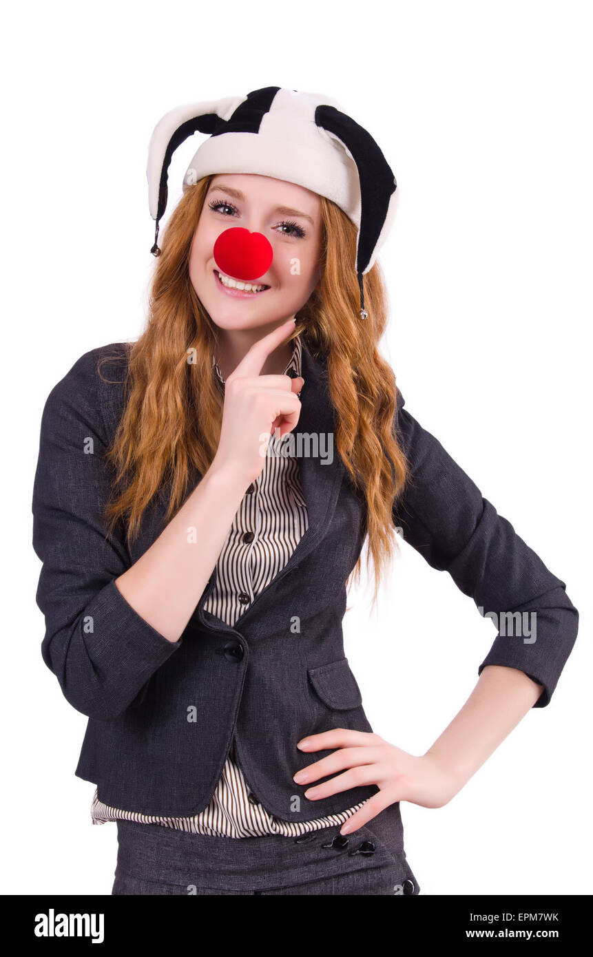 Funny woman clown isolated on the white Stock Photo - Alamy