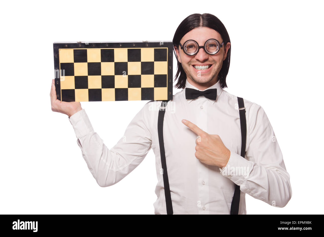 Nerd chess player isolated on white Stock Photo