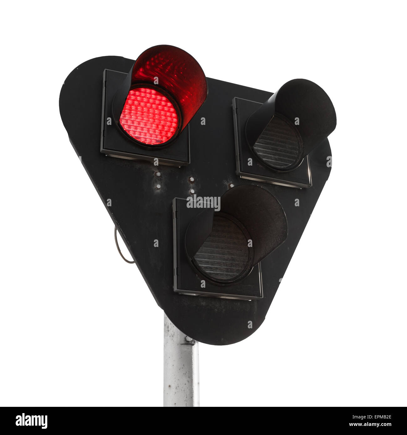 Black traffic lights with red stop signal isolated on white background Stock Photo