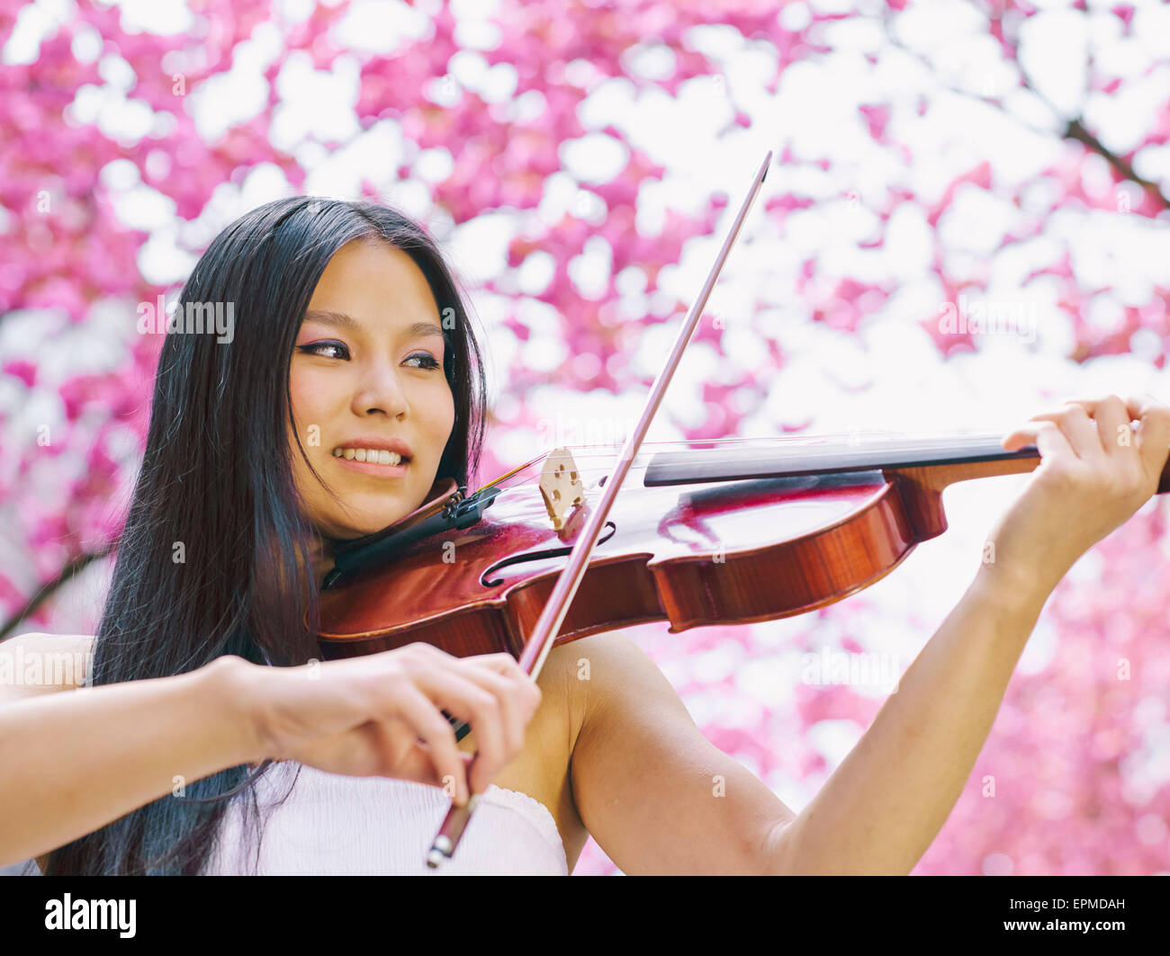 Portrait of female viola player in front of blossoming cherry tree