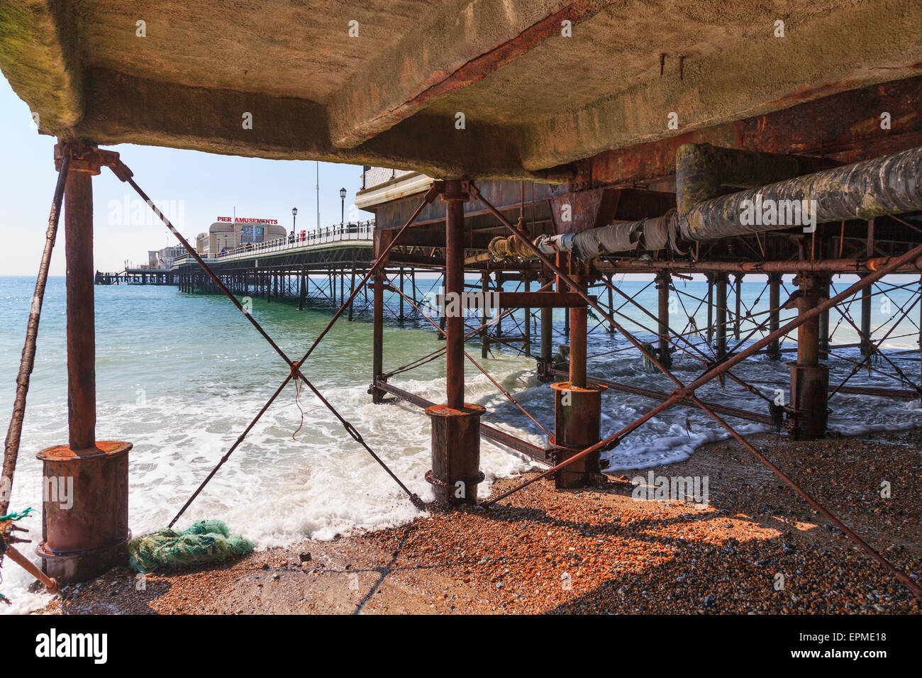 Pier framework under Worthing Pier Stock Photo