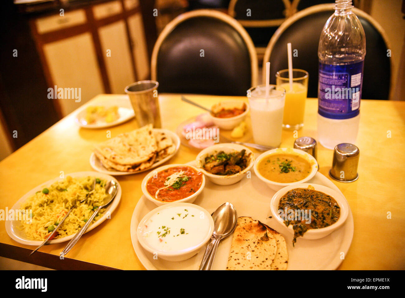 Indian Thali plate meal at legendary and very popular vegetarian restaurant 'Kailash Parbat' in Colaba area of  Mumbai/ Bombay, Stock Photo