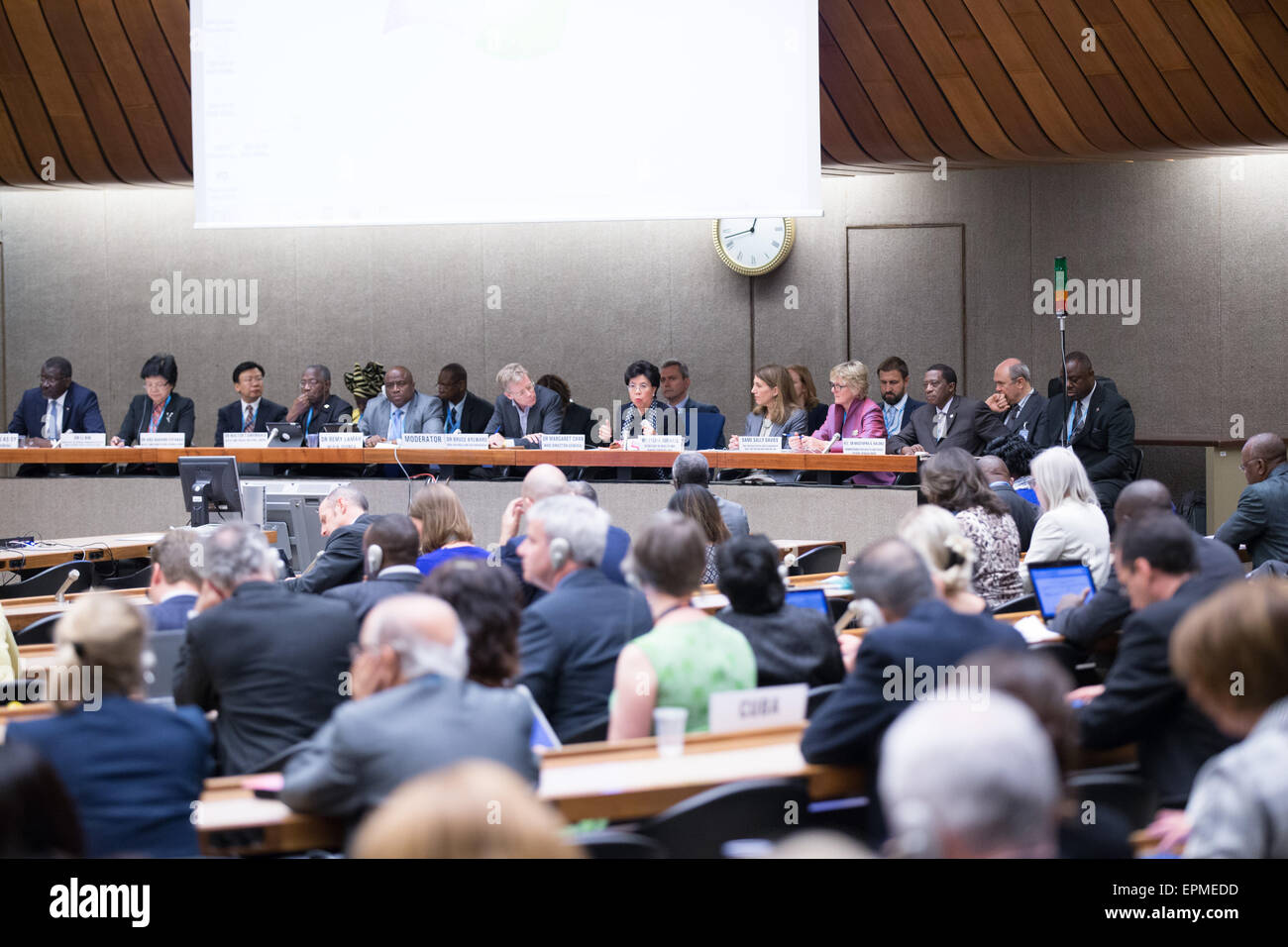 Geneva, Switzerland. 19th May, 2015. Delegates attend World Health Organisation (WHO) Ebola technical briefing in Geneva, Switzerland, on May 19, 2015. The 68th session of the World Health Assembly entered the second day in Geneva. Over 3,000 delegates from 194 member states would focus on the discussion of Ebola outbreaks and the post-2015 health agenda. © Xu Jinquan/Xinhua/Alamy Live News Stock Photo