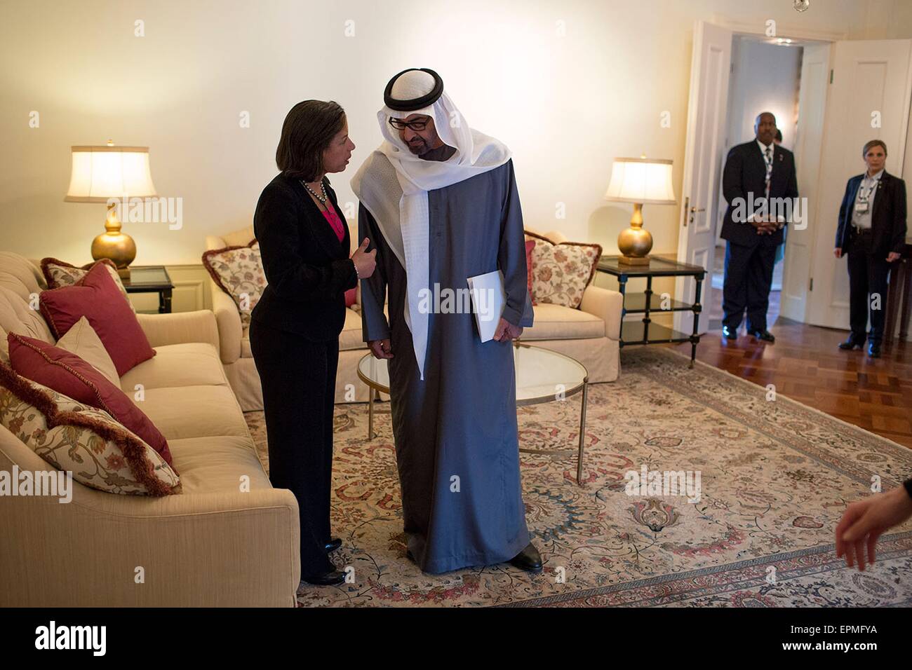 U.S. National Security Advisor Susan E. Rice talks with Sheikh Mohammed bin Zayed Al Nahyan, Crown Prince of Abu Dhabi and Deputy Supreme Commander of the United Arab Emirates Armed Forces at the U.S. Ambassador's residence March 25, 2014 in The Hague, Netherlands. Stock Photo