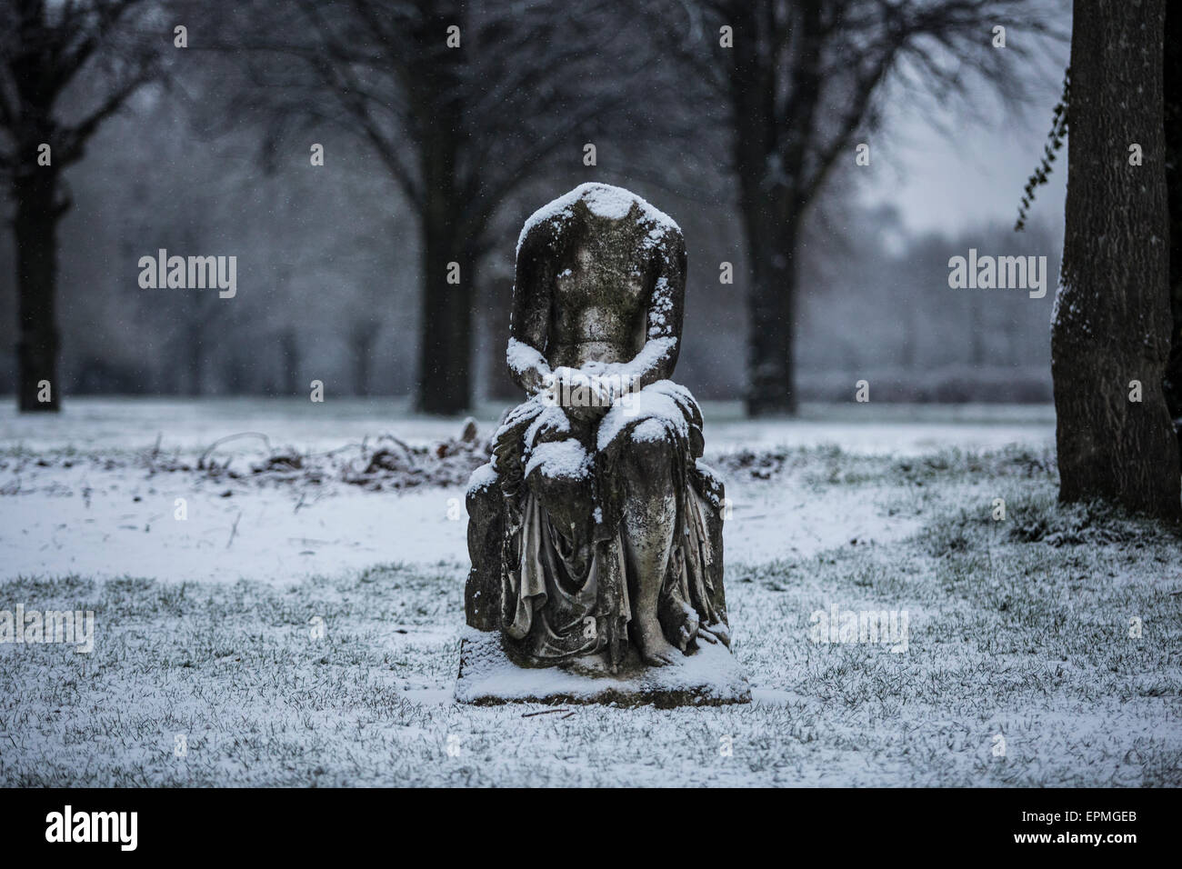 A headless statue in the snow, Crystal Palace, south east London Stock