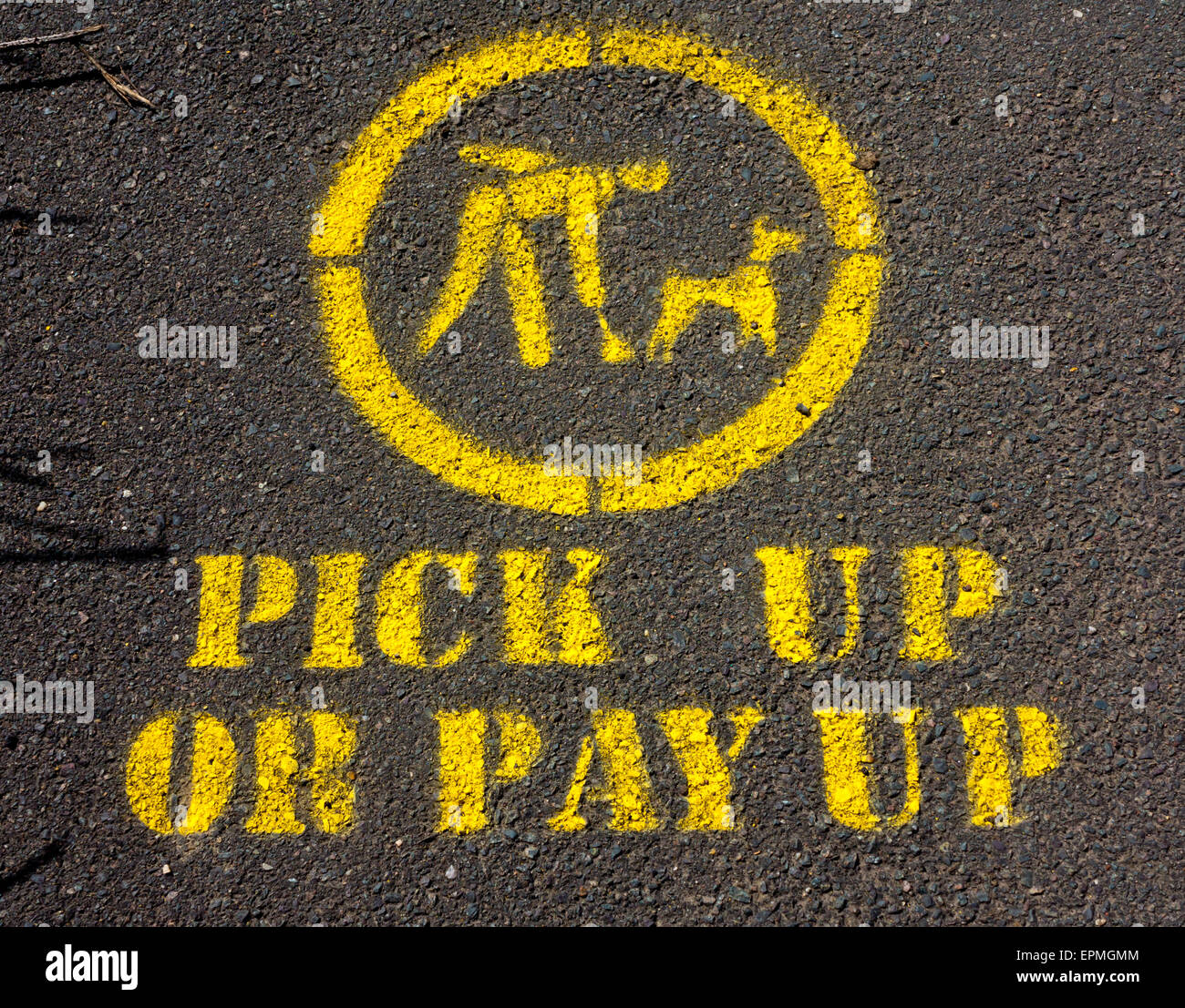 Pick Up or Pay Up sign stenciled on a pavement in Bolsover Derbyshire UK to encourage people to remove dog faeces Stock Photo
