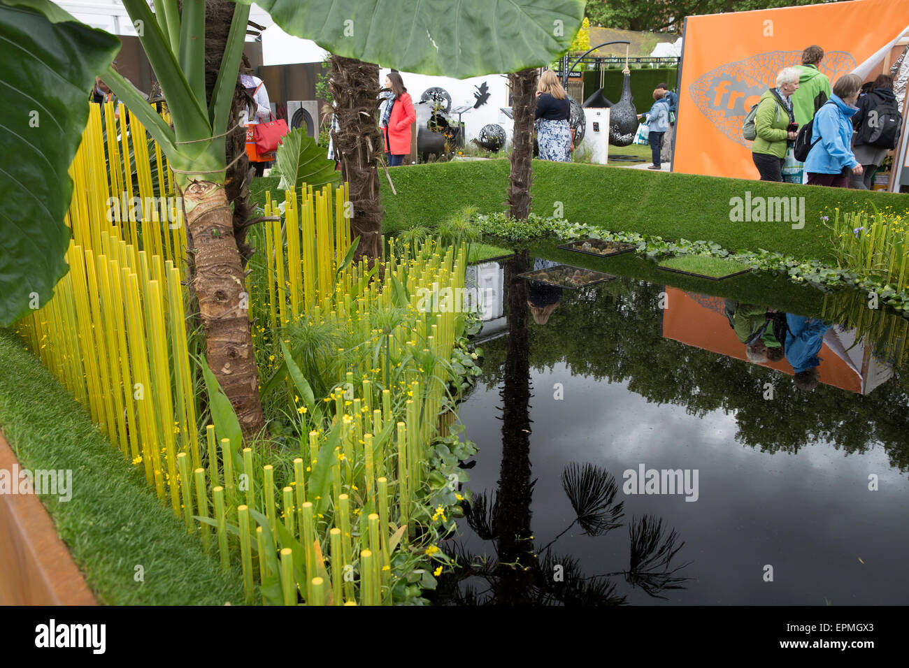 Chelsea, UK,19th May 2015, Reflections on the water in The World Vision Garden at Chelsea Flower Show 2015 Credit: Keith Larby/Alamy Live News Stock Photo